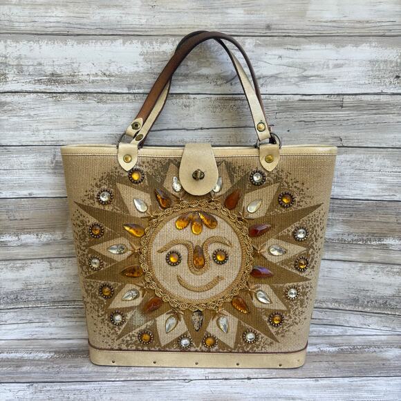 VTG Enid Collins of Texas Purse Fiesta del Sol Canvas Wood  Jewels Sun Celestial - Picture 1 of 16
